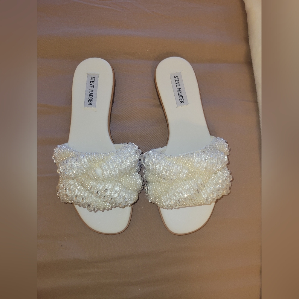 Steve Madden White Beaded Slide Sandals